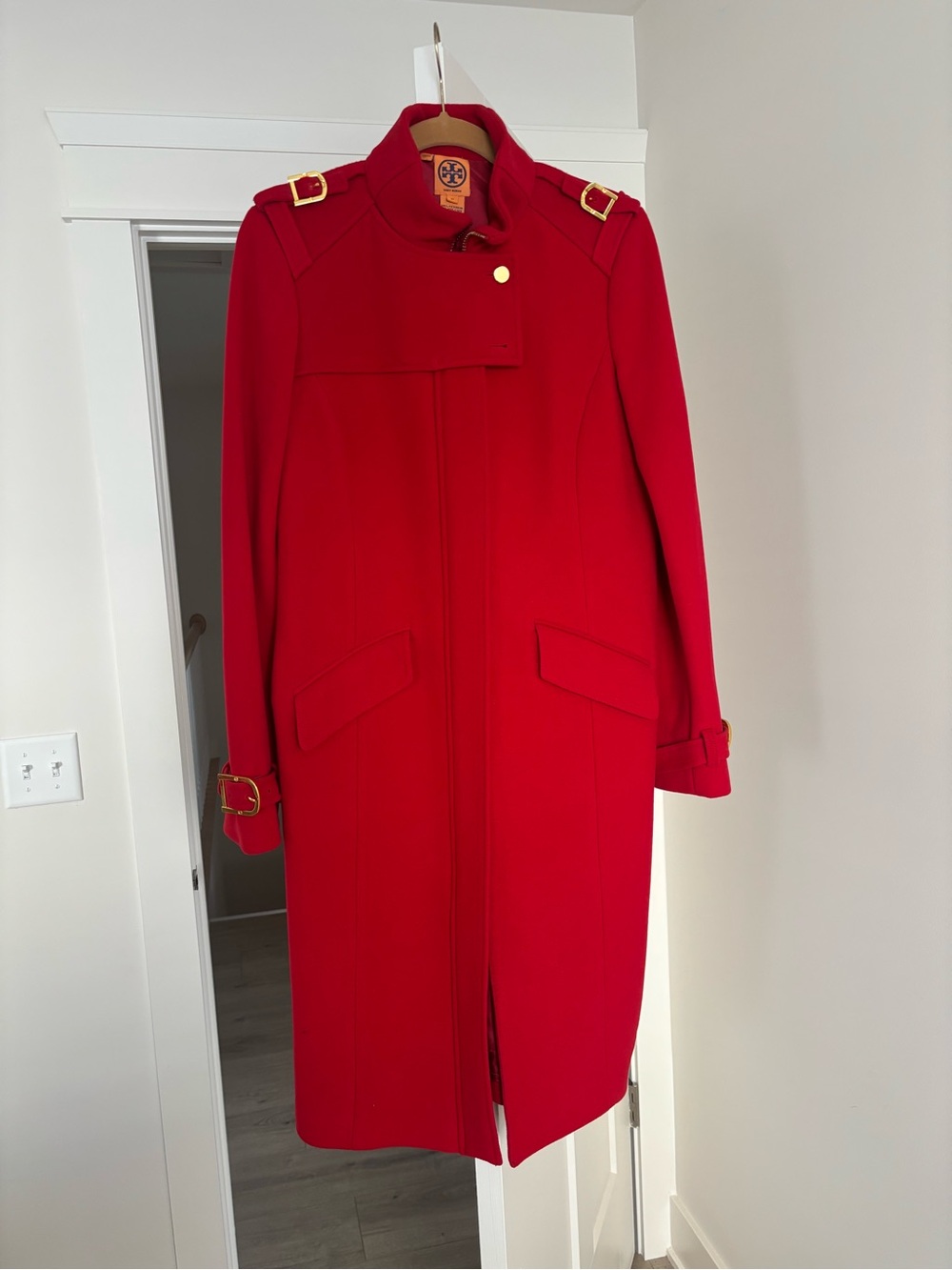 Tory Burch Vibrant Red Wool Trench Coat with Gold Buckle Accents